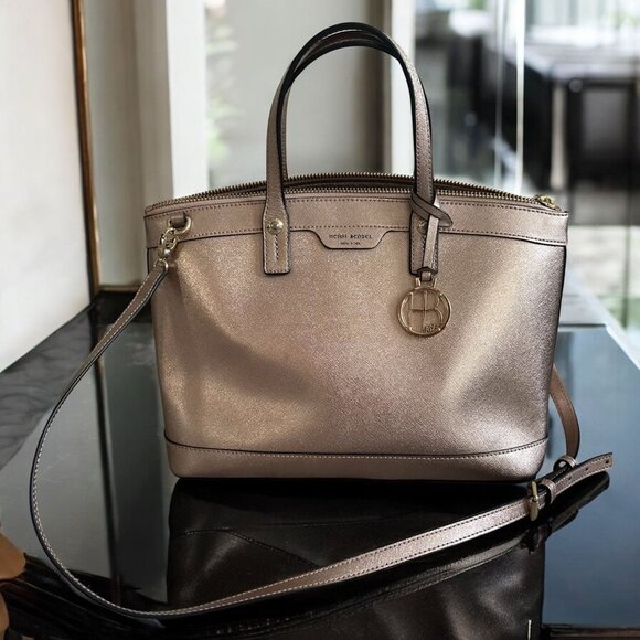 HENRI BENDEL Rose Gold Saffiano Leather Large Satchel Crossbody Bag - Picture 1 of 13